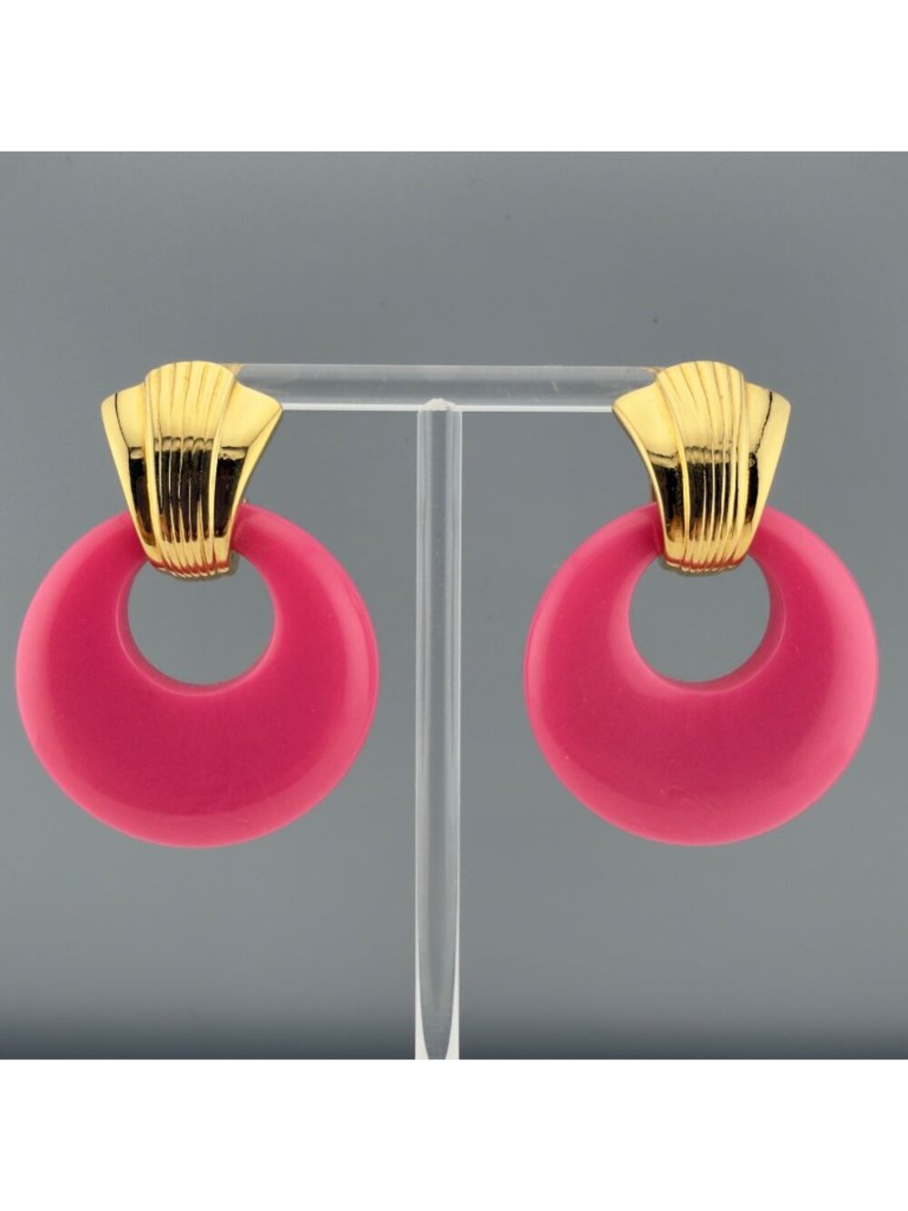 Kenneth Jay Lane Gold Tone Pink Door Knocker Lucite Earrings Statement